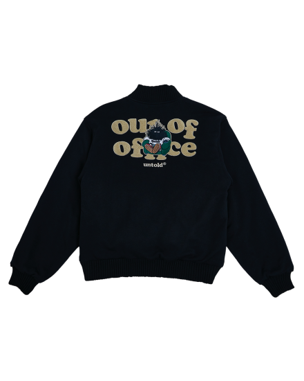 OUT OF THE OFFICE VARSITY JACKET- BLACK